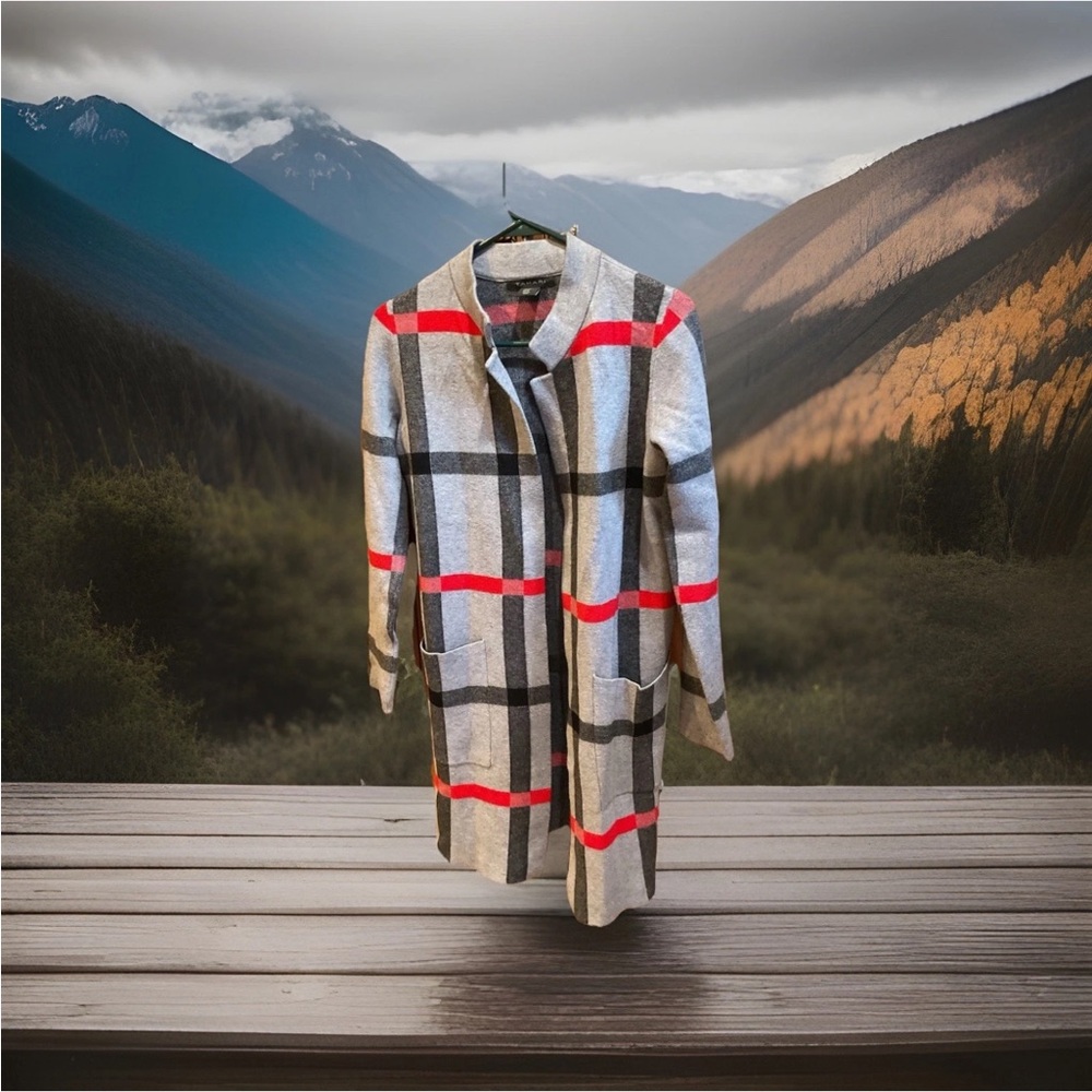 Tahari Grey, Red & Black Windowpane Plaid Midi Cardigan Sz  XS Sweater Women EUC